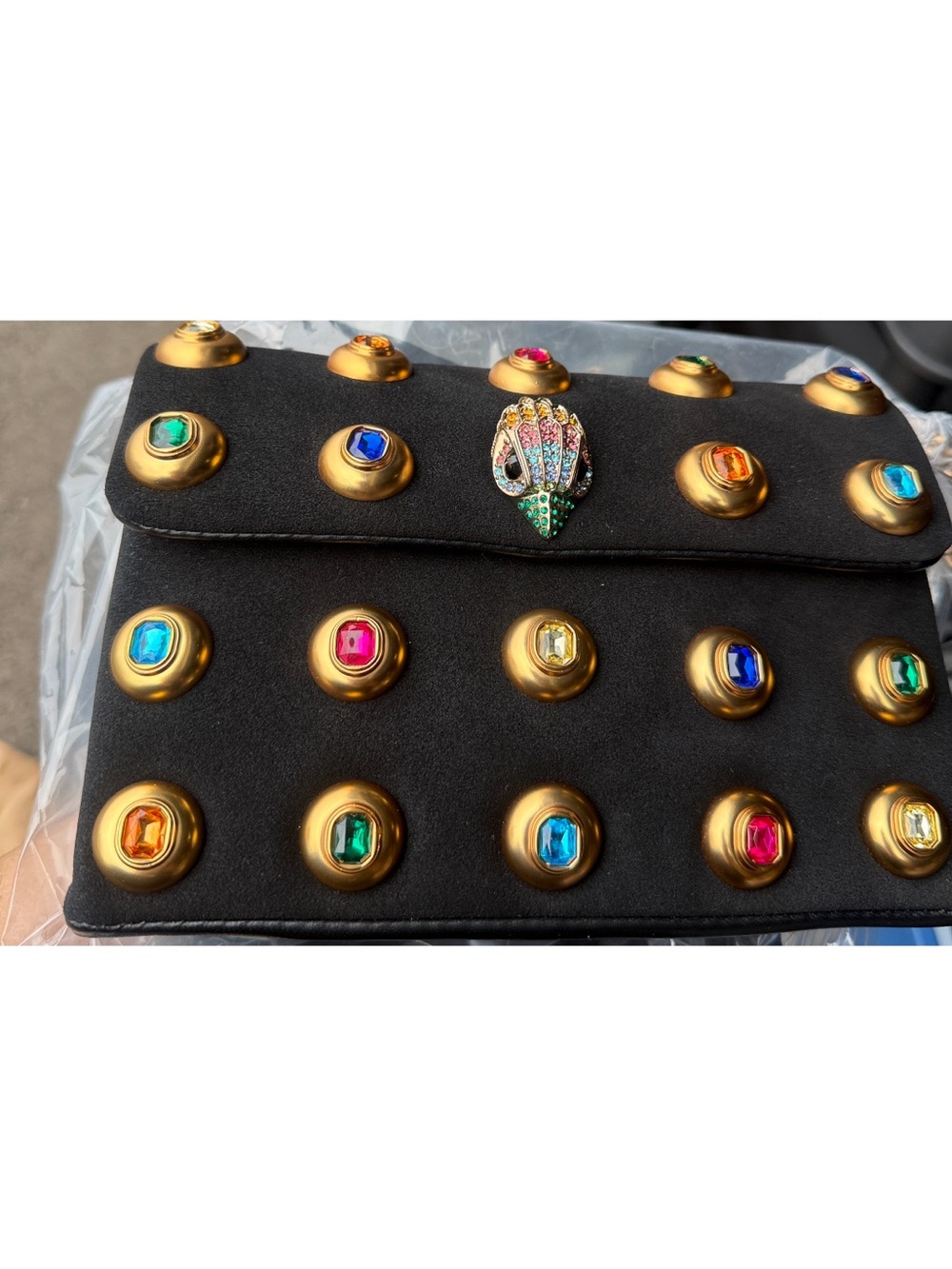 NWT Kurt Geiger Black Fold-Over Cross body with Gold Studs and Multicolored Gems